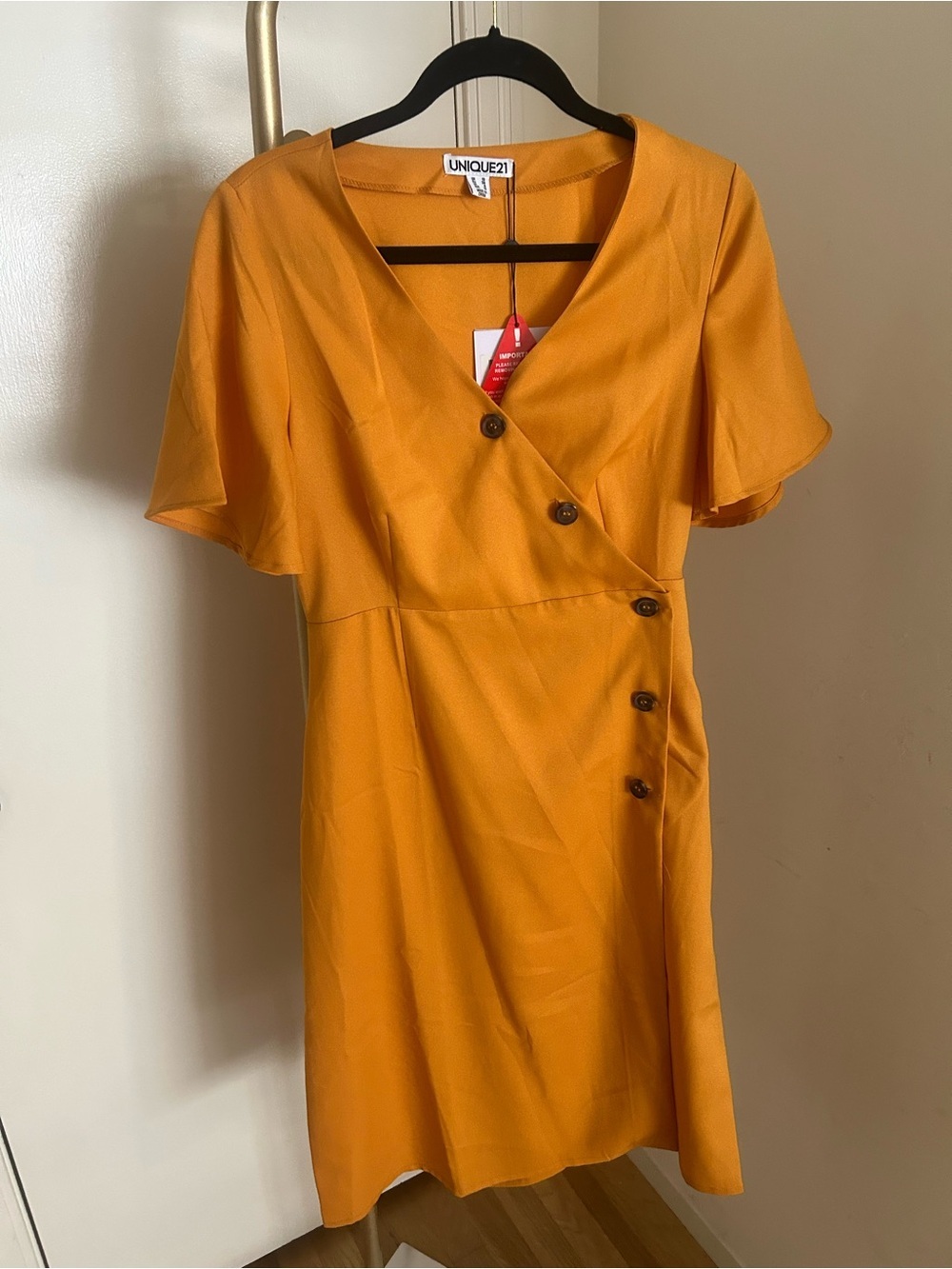 NWT Unique21 Mustard Yellow Wrap Dress Button Detail Size US 6